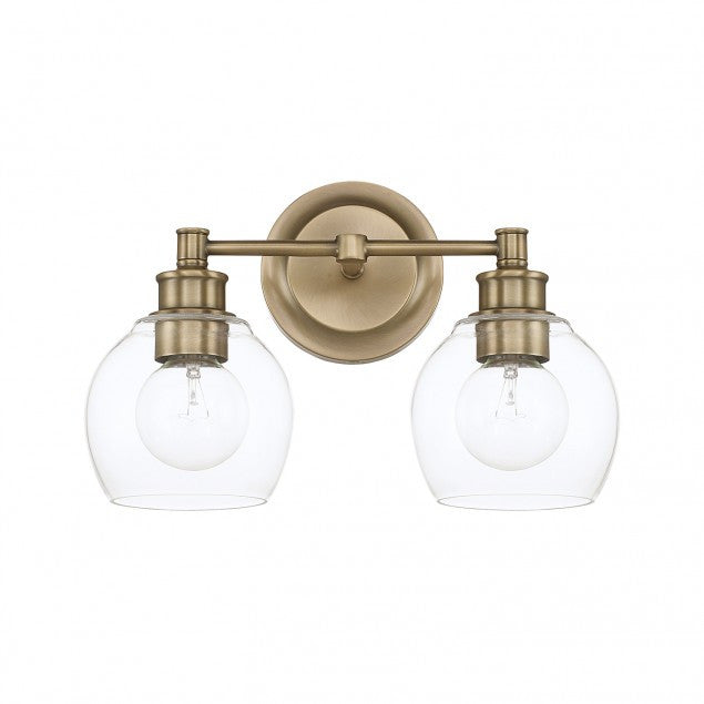 Capital Lighting Mid-Century 2-Light Vanity Light in Aged Brass with clear rounded glass shades by 121121AD-426