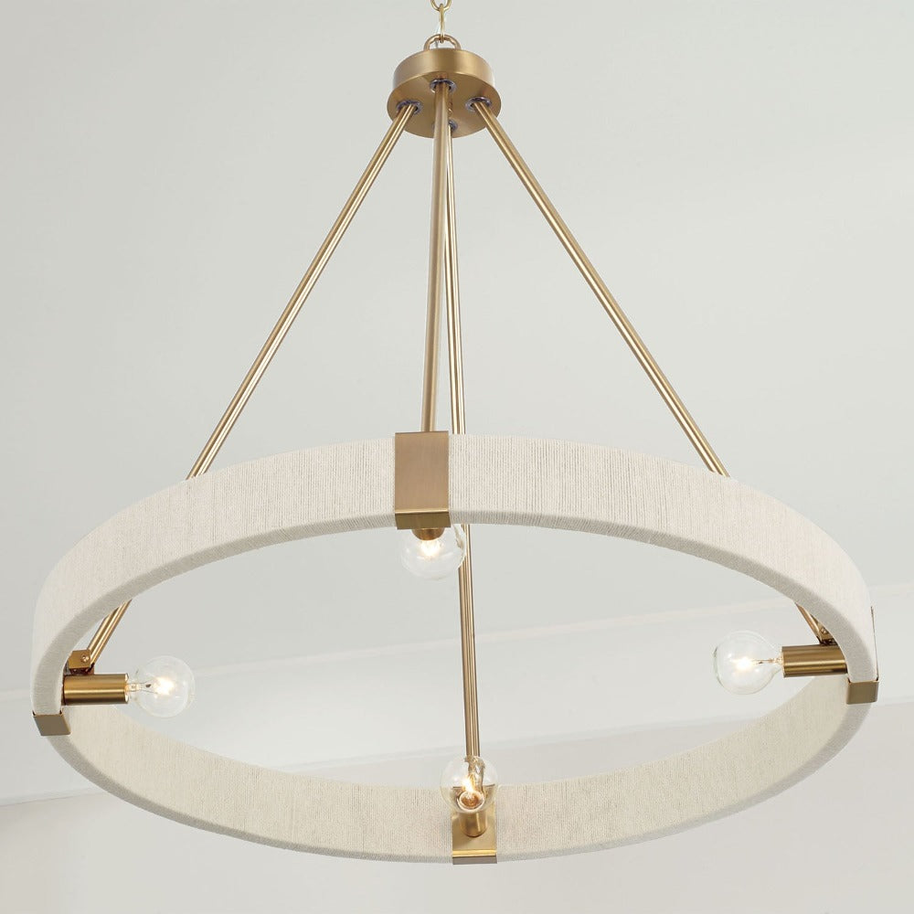 4-Light Amanda Chandelier, Bleached Hand Woven and Matte Brass, Chandelier detail shot