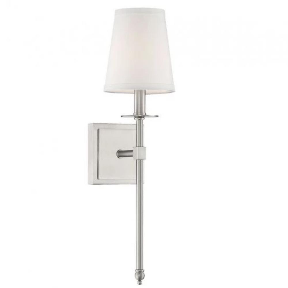 Small Monroe Sconce, 1-Light Wall Sconce, Satin Nickel, White Fabric Shade