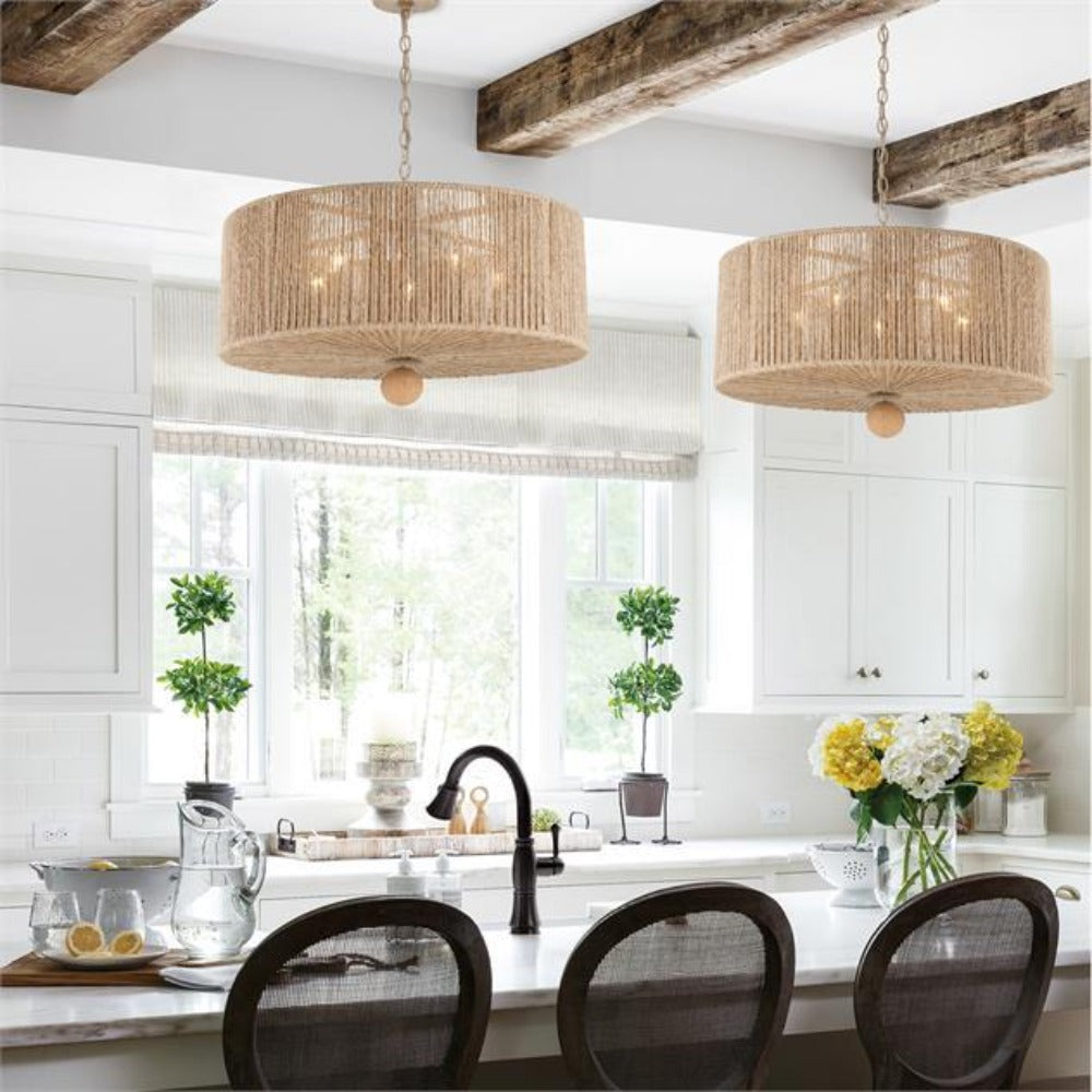 Ada Drum Pendant - Pendant Light Fixture - Woven Natural Jute Rope - Modern Organic Farmhouse Rustic Light Fixture