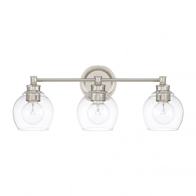 3 Light Mid-Century Vanity Light in Polished Nickel with clear rounded glass shades by Capital Lighting 121131PN-426