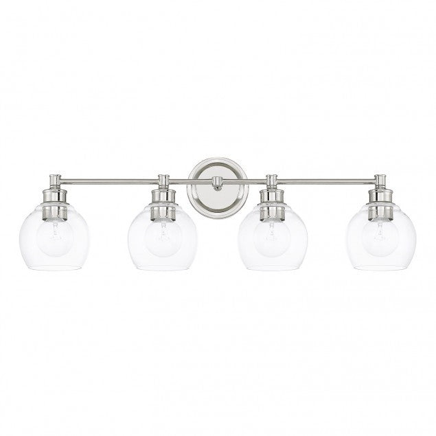 4 Light Mid-Century Vanity Light in Polished Nickel with clear rounded glass shades by Capital Lighting 121141PN-426