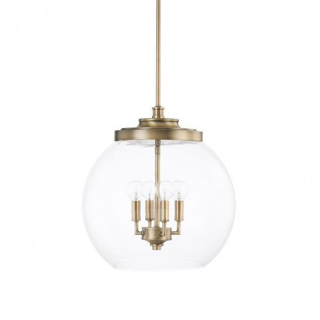 Capital Lighting 4 Light Mid-Century Modern Pendant Light in Aged Brass with clear glass globe 321142AD