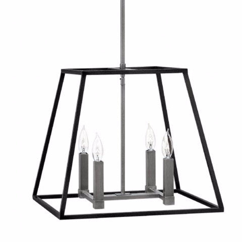 Fulton Medium Foyer by Hinkley Lighting in Aged Zinc 3334DZ | open cage black metal lantern with Silver Accents