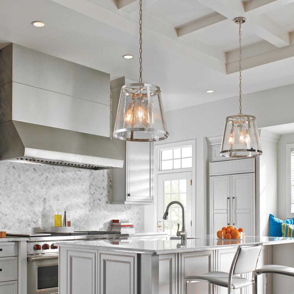 Lifestyle Shot of Harrow Pendant, 3-Light Pendant, Polished Nickel