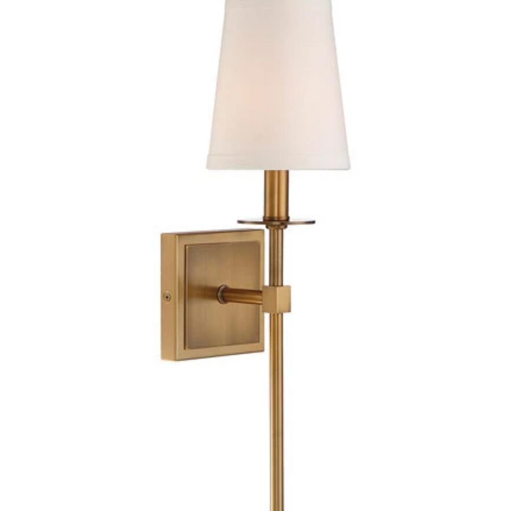 Small Monroe Sconce, 1-Light Wall Sconce, Warm Brass, White Fabric Shade