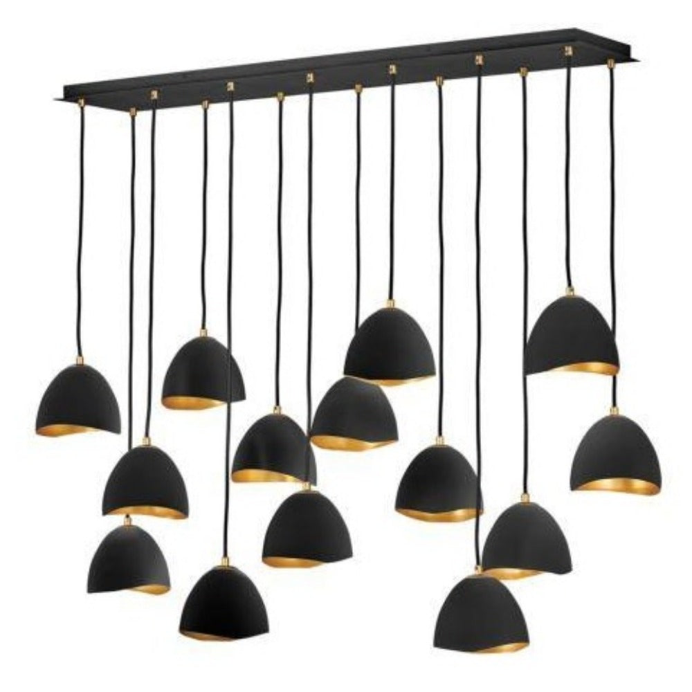 Lux 14 Light Linear Chandelier, Linear Chandelier, Shell Black with Gold Leaf accents