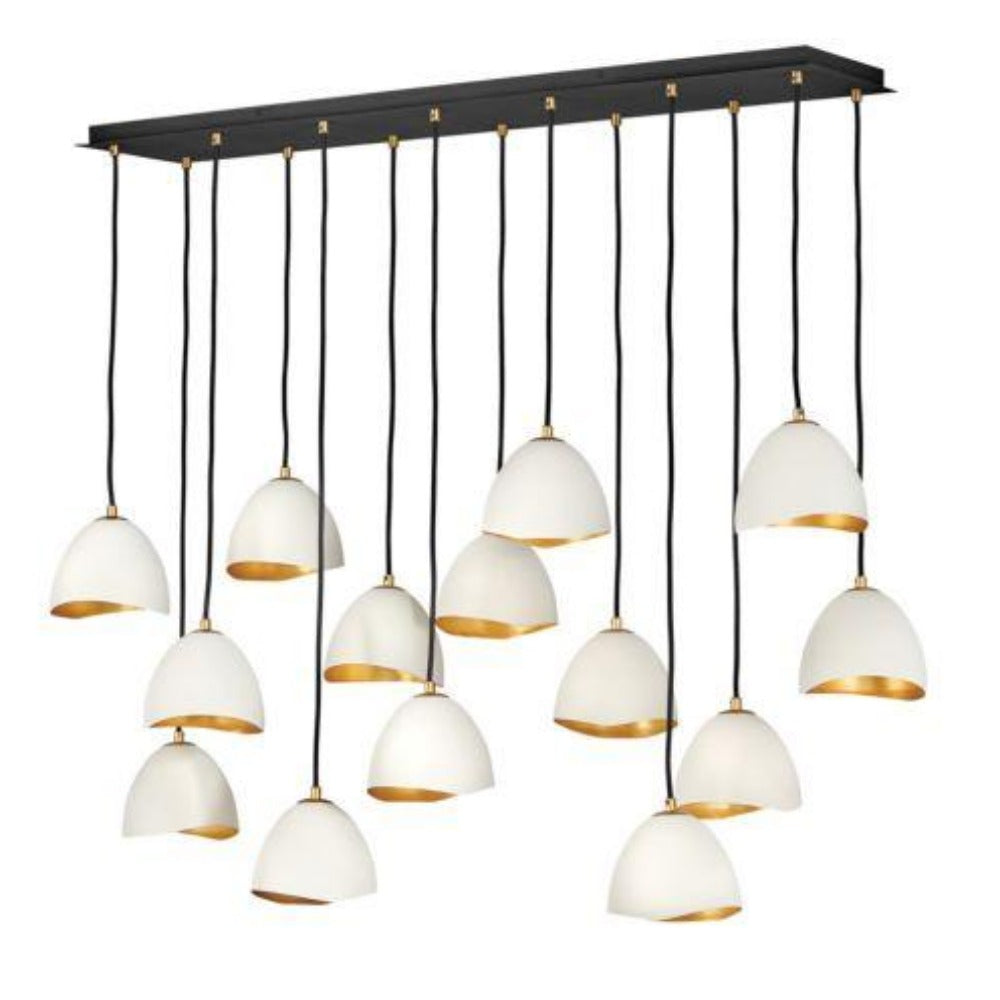 Lux 14 Light Linear Chandelier, Linear Chandelier, Shell White with Gold Leaf accents