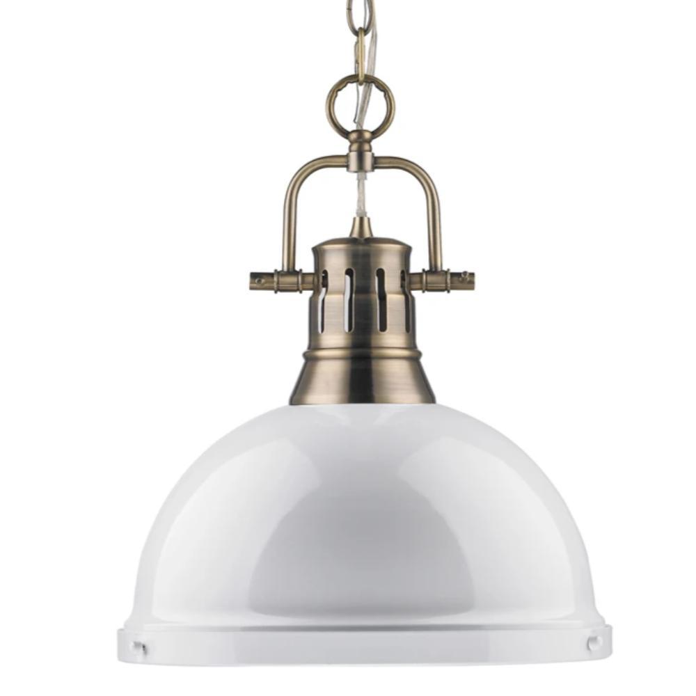 Duncan Large Pendant with Chain in Aged Brass, Pendant, White