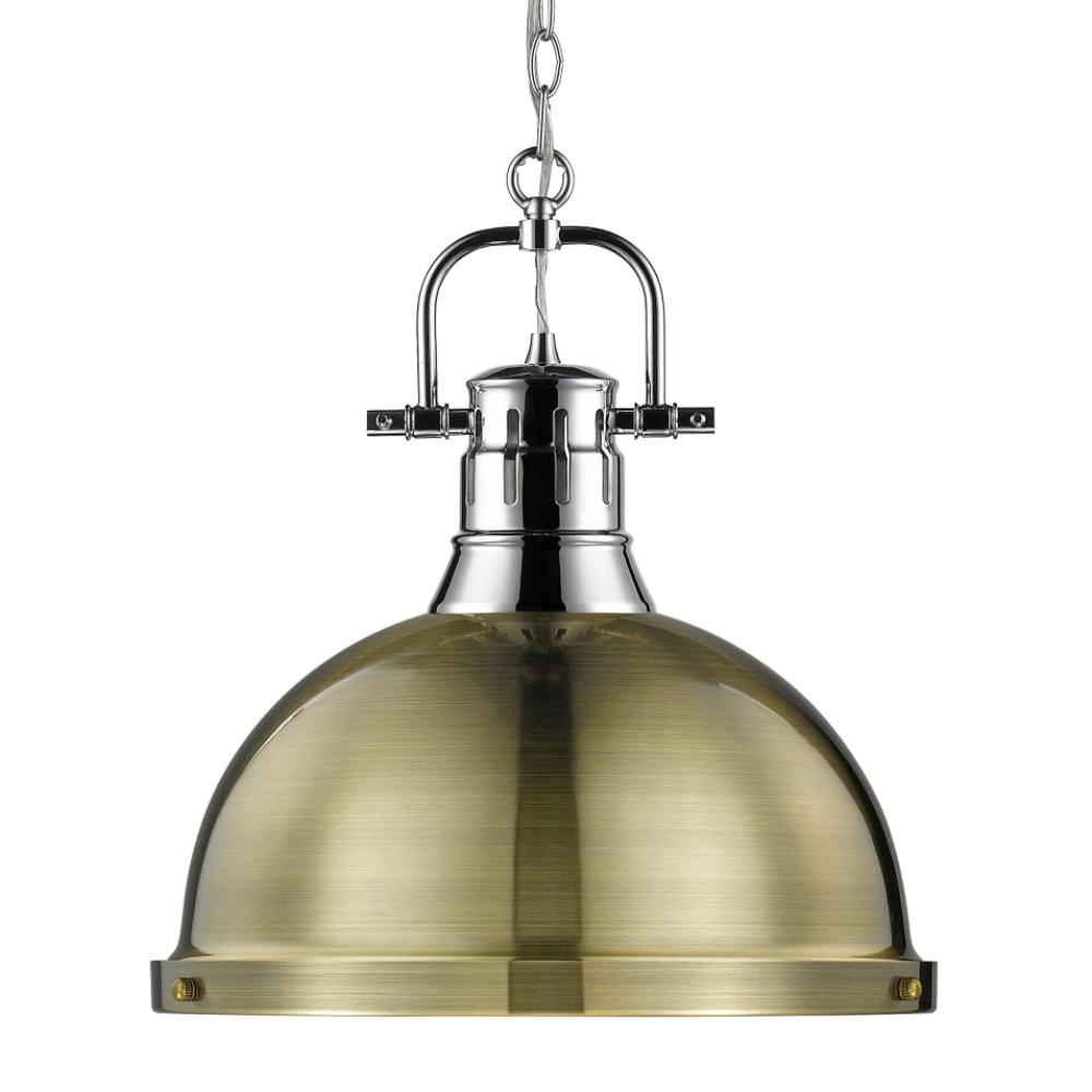 Duncan Large Pendant with Chain in Chrome, Pendant, Aged Brass