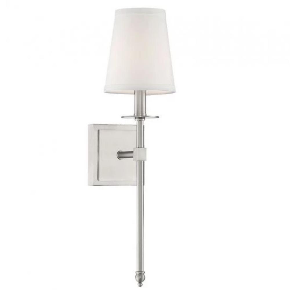 Small Monroe Sconce, 1-Light Wall Sconce, Satin Nickel, White Fabric Shade