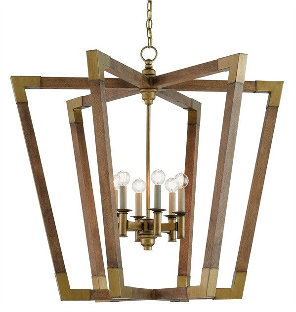 6 Light Bastian Chandelier by Currey and Company in Chestnut Wood and Brass 9000-0008