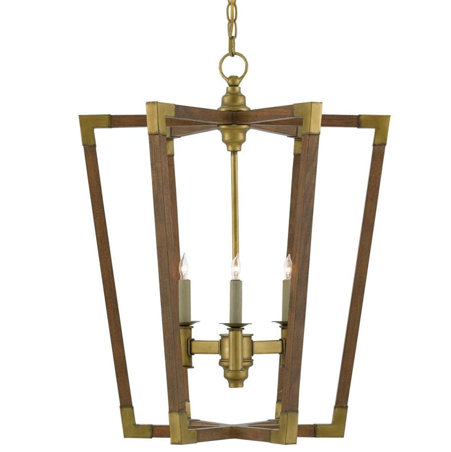 3 Light Bastian Chandelier by Currey and Company in Chestnut Wood and Brass 9000-0220
