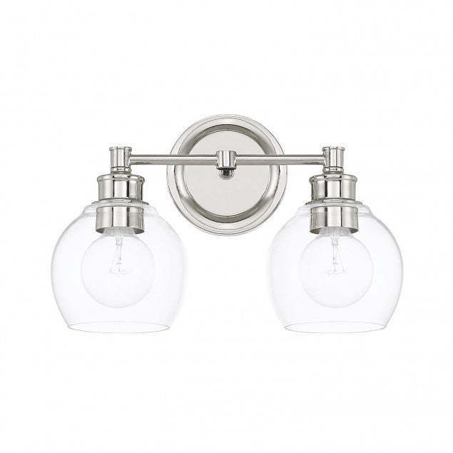 Capital Lighting 2 Light Mid-Century Vanity Light in Polished Nickel with clear rounded glass shades 121121PN-426