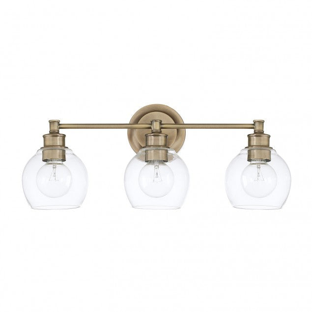 3 Light Mid-Century Vanity Light in Aged Brass with clear rounded glass shades by Capital Lighting 121131AD-426
