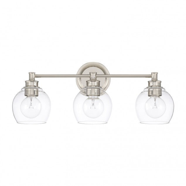 3 Light Mid-Century Vanity Light in Polished Nickel with clear rounded glass shades by Capital Lighting 121131PN-426