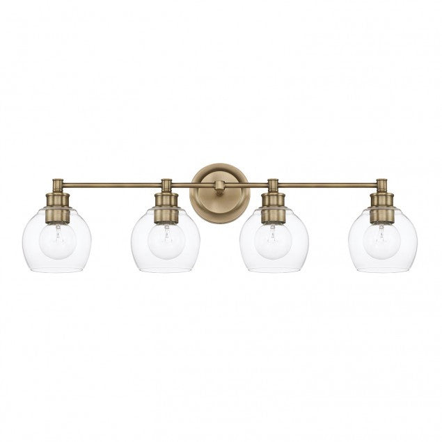 4 Light Mid-Century Vanity Light in Aged Brass with clear rounded glass shades by Capital Lighting 121141AD-426