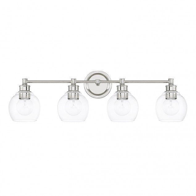 4 Light Mid-Century Vanity Light in Polished Nickel with clear rounded glass shades by Capital Lighting 121141PN-426