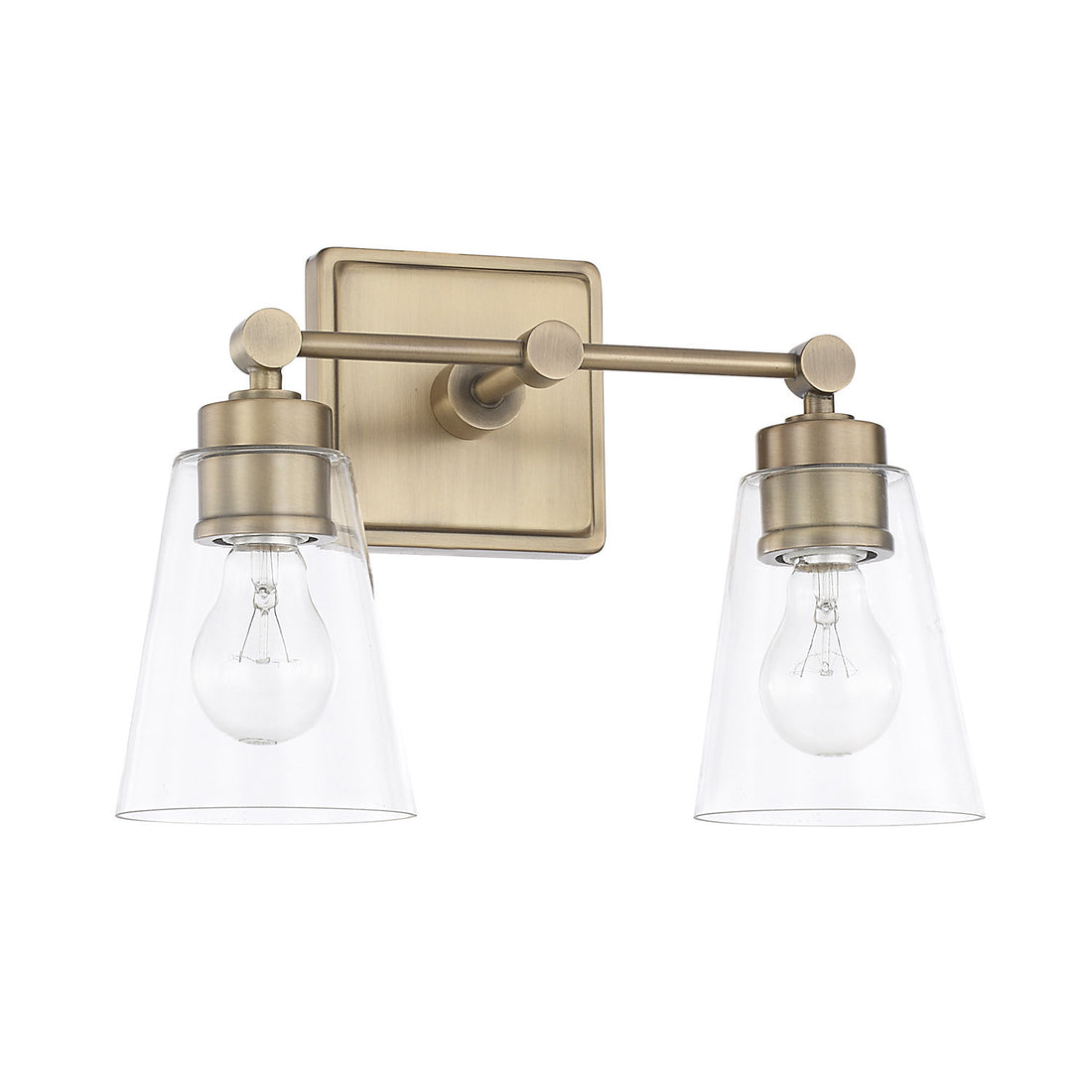 2 Light Enright Vanity in Aged Brass with clear cone shaped glass shades by Capital Lighting 121821AD-432