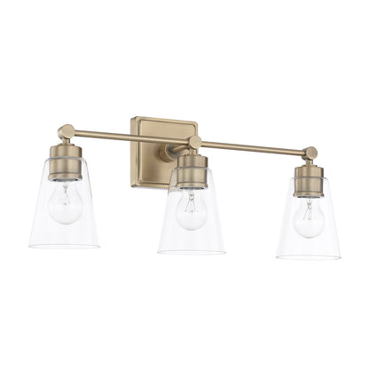 3 Light Enright Vanity in Aged Brass with clear cone shaped glass shades by Capital Lighting 121831AD-432