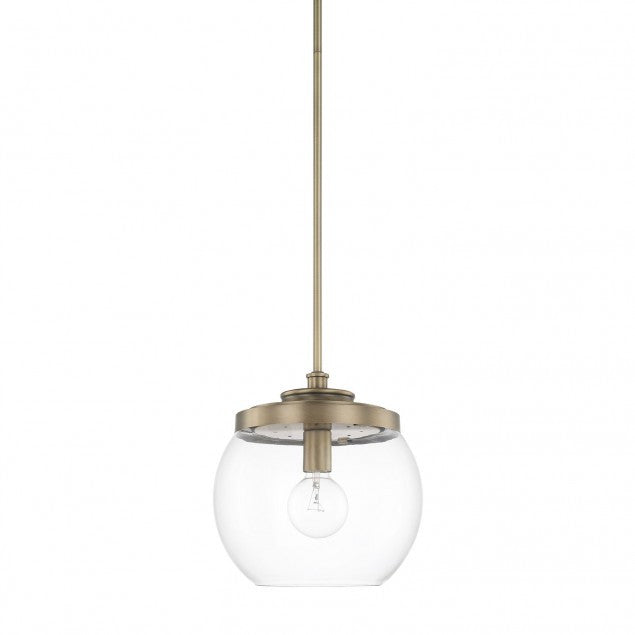 1 Light Mid-Century Pendant in Aged Brass with clear glass round shade by Capital Lighting 321111AD