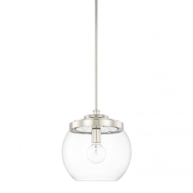 1 Light Mid-Century Pendant in Polished Nickel with clear glass round shade by Capital Lighting 321111PN