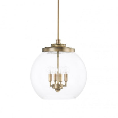 4 Light Mid-Century Pendant in Aged Brass with clear glass round shade by Capital Lighting 321142AD