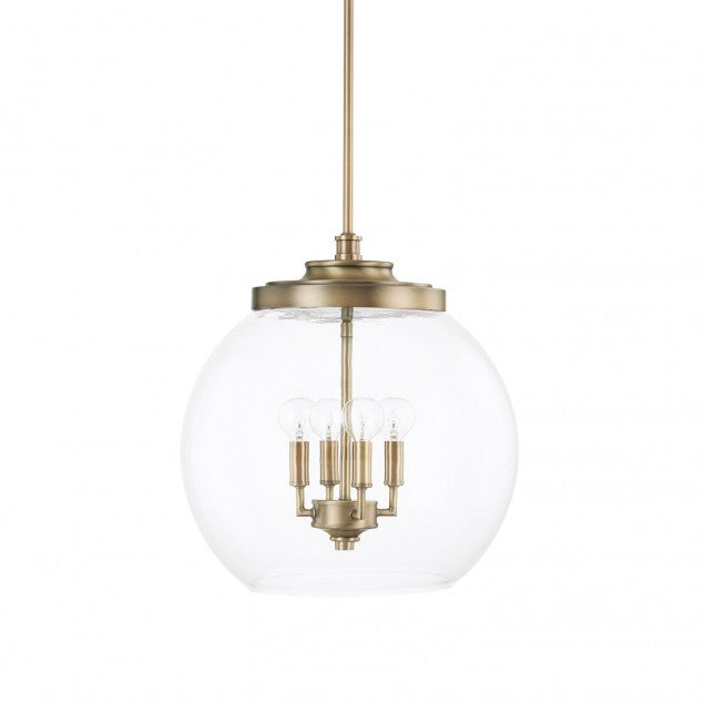Capital Lighting 4 Light Mid-Century Modern Pendant Light in Aged Brass with clear glass globe 321142AD