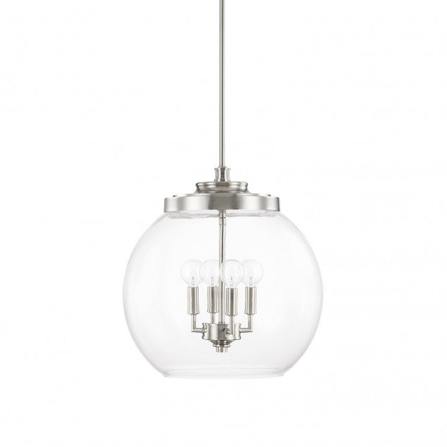 Capital Lighting 4 Light Mid-Century Modern Pendant Light in Polished Nickel with clear glass globe 321142PN