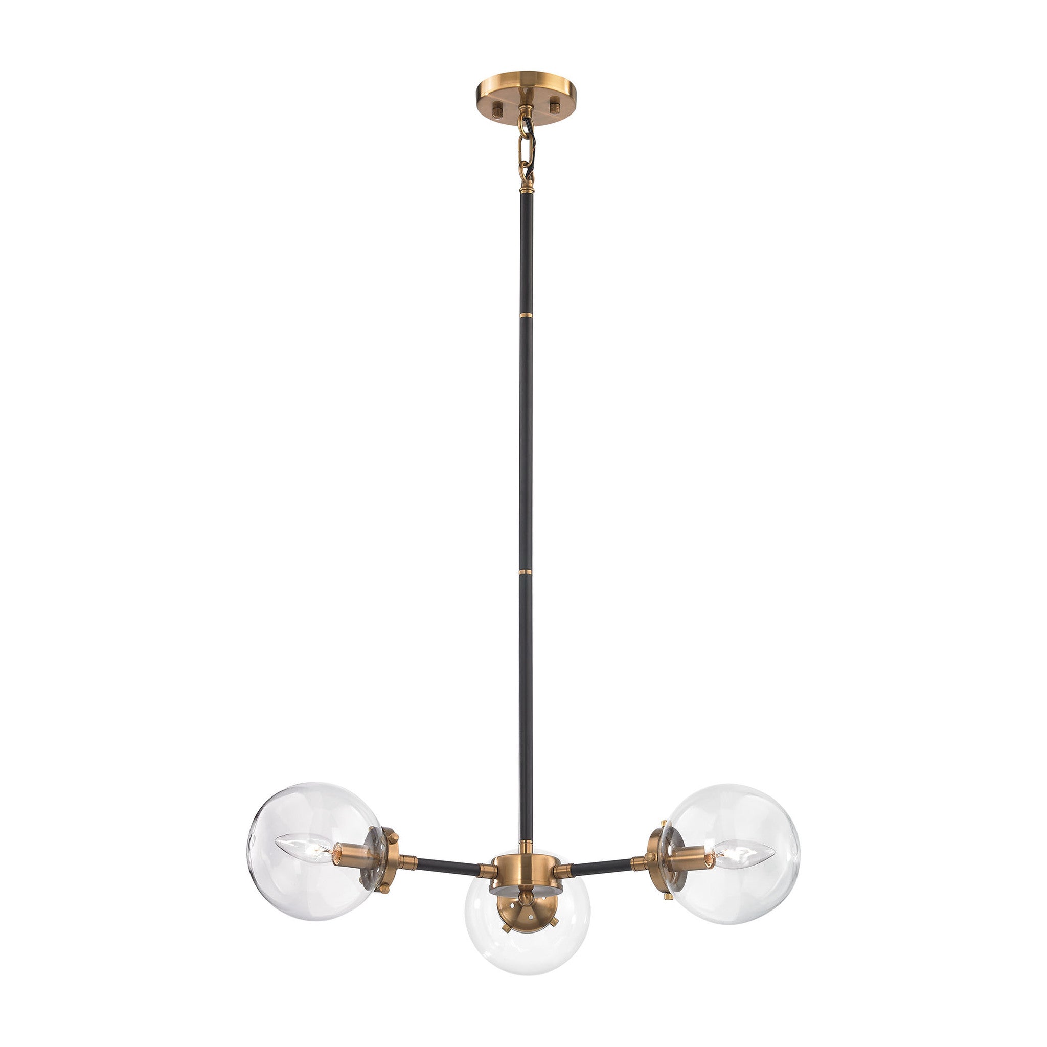Mid-Century Modern 3 Light Nyx Chandelier in Matte Black and Antique Gold with Clear Glass Globe Shades