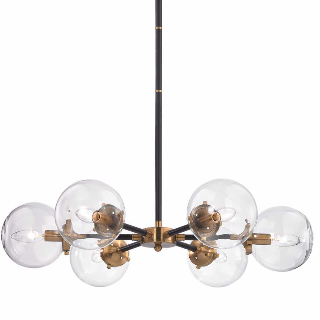 Mid-Century Modern 6 Light Nyx Chandelier in Matte Black and Antique Gold with Clear Glass Globe Shades 
