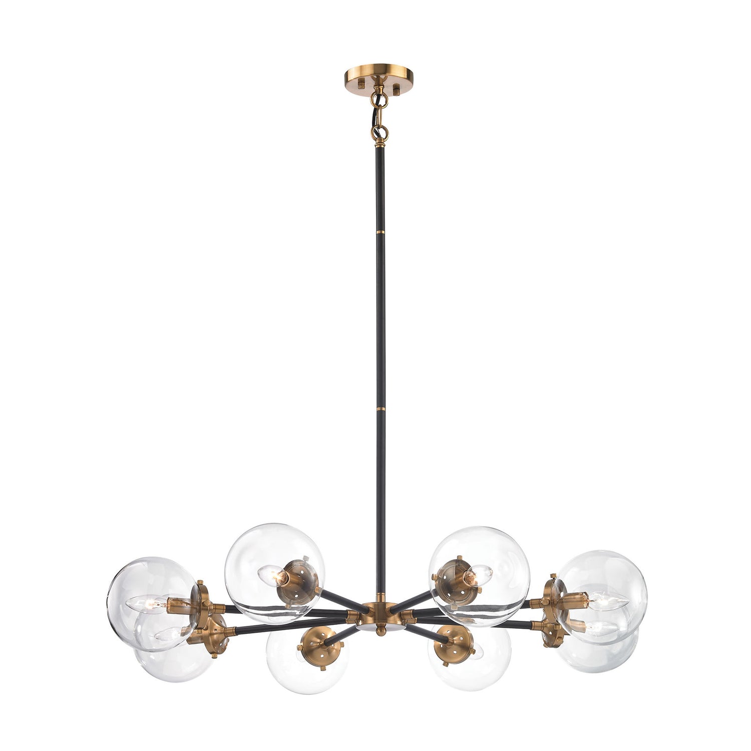 Mid-Century Modern 8 Light Nyx Chandelier in Matte Black and Antique Gold with Clear Glass Globe Shades 