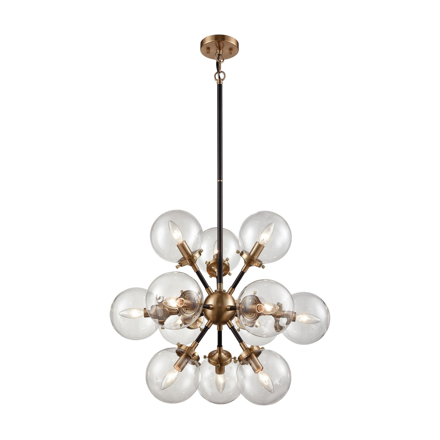 Mid-Century Modern 12 Light Nyx Chandelier in Matte Black and Antique Gold with Clear Glass Globe Shades