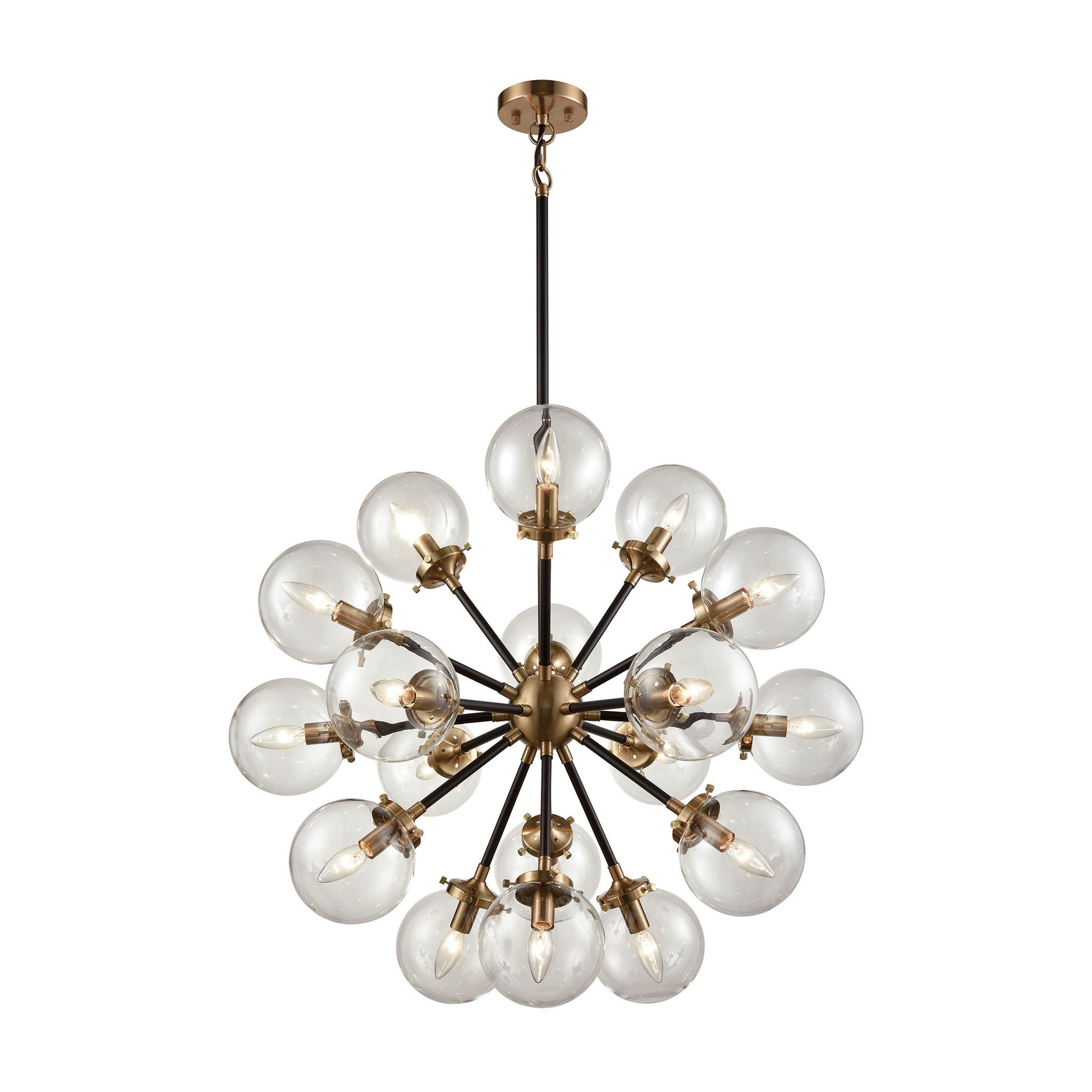 Mid-Century Modern 18 Light Nyx Chandelier in Matte Black and Antique Gold with Clear Glass Globe Shades 