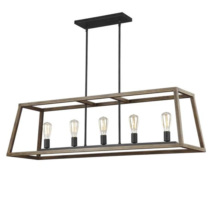 Gannet Linear Chandelier in Weathers Oak Wood / Antique Forged Iron by Feiss, F3193/5WOW/AF