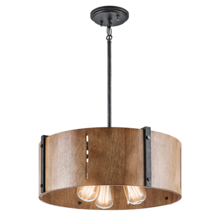 Elbur 3 Light Pendant in Distressed Black with Natural Maple Shade by Kichler Lighting 42643DBK