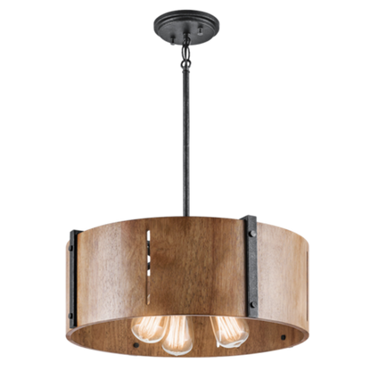 Elbur 3 Light Pendant in Distressed Black with Natural Maple Shade by Kichler Lighting 42643DBK