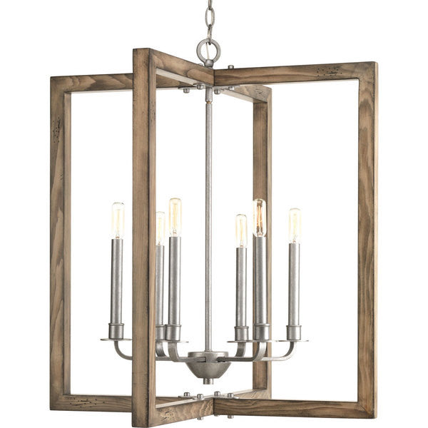 Large Turnbury Chandelier in Distressed Pine Wood Frame and Galvanized Metal Details by Progress Lighting P4161-141