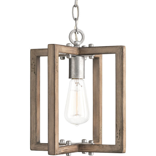 Turnbury Pendant with Distressed Pine Wood Frame and Galvanized Metal Accents by Progress P5317-141