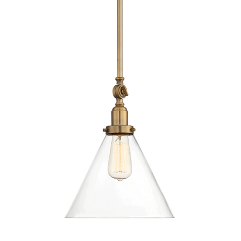 Drake Pendant by Savoy House in Warm Brass with clear glass cone shade 7-9132-1-322
