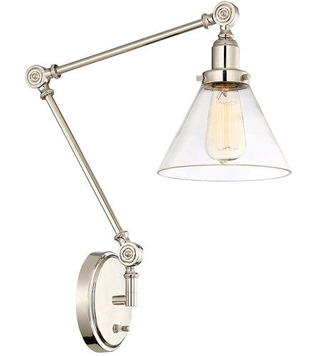 Savoy House Drake Swing Arm Wall Sconce in Polished Nickel with Clear Glass Cone Shade 9-9131CP-1-109