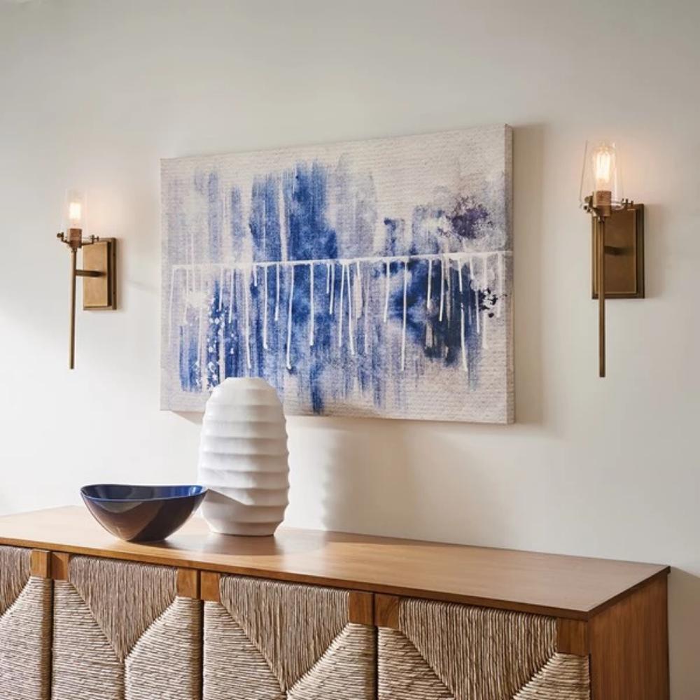 Lifestyle Shot of Alton Sconce, 1-Light Wall Sconce, Natural Brass, Clear Seeded Glass